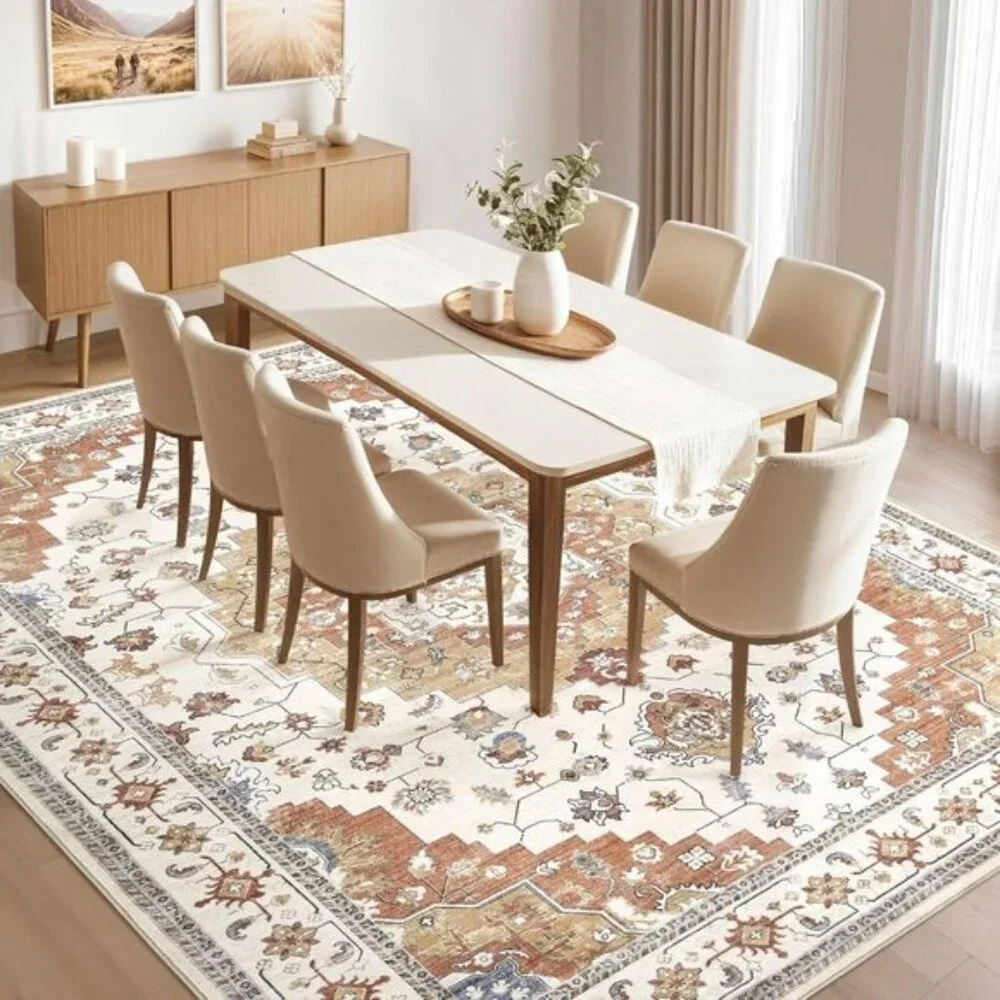 New 5x7 Vintage Floral Area Rug, Washable Soft Farmhouse Carpet in Yellow & Red